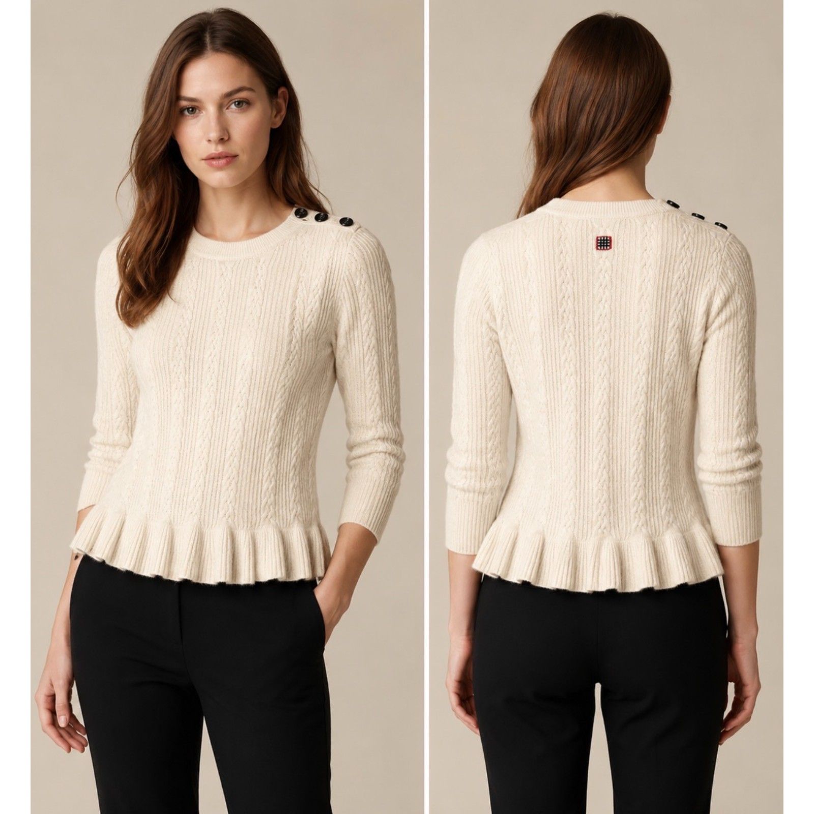 Burberry London 100% Cashmere Cable Knit Peplum Sweater Ivory Size M
